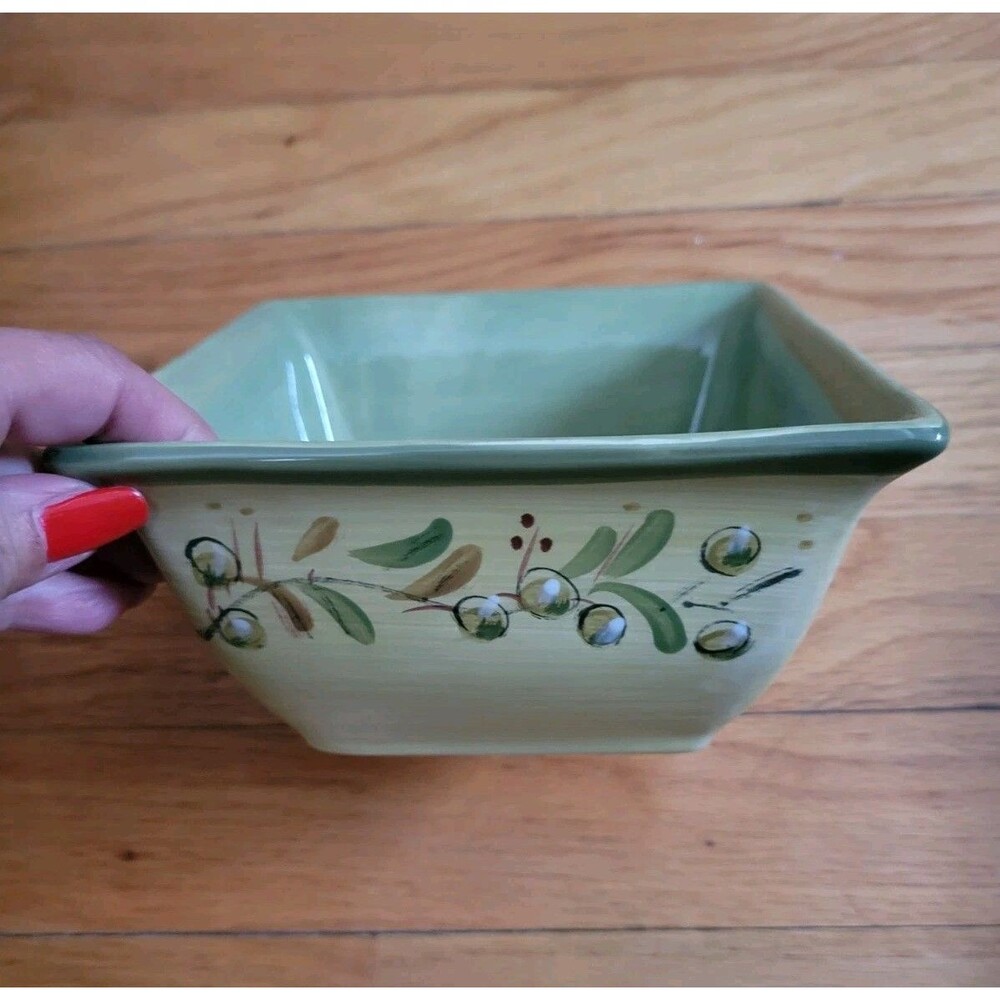 Pier 1 Olive Green Earthenware Square Hand Painted Olives Vines Cereal Soup Bowl